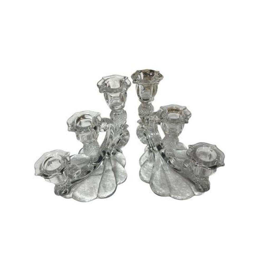 Crystal Pair of Cambridge Moonlight Blue "Caprice" 3-Light Candlesticks